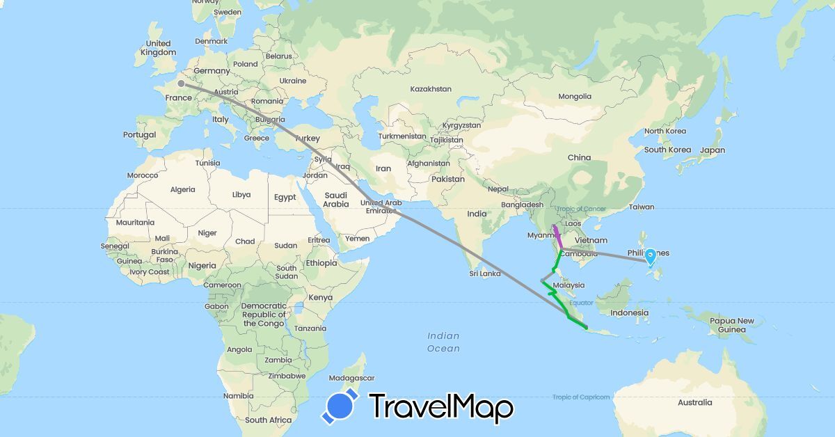 TravelMap itinerary: driving, bus, plane, train, boat in France, Indonesia, Philippines, Qatar, Thailand (Asia, Europe)